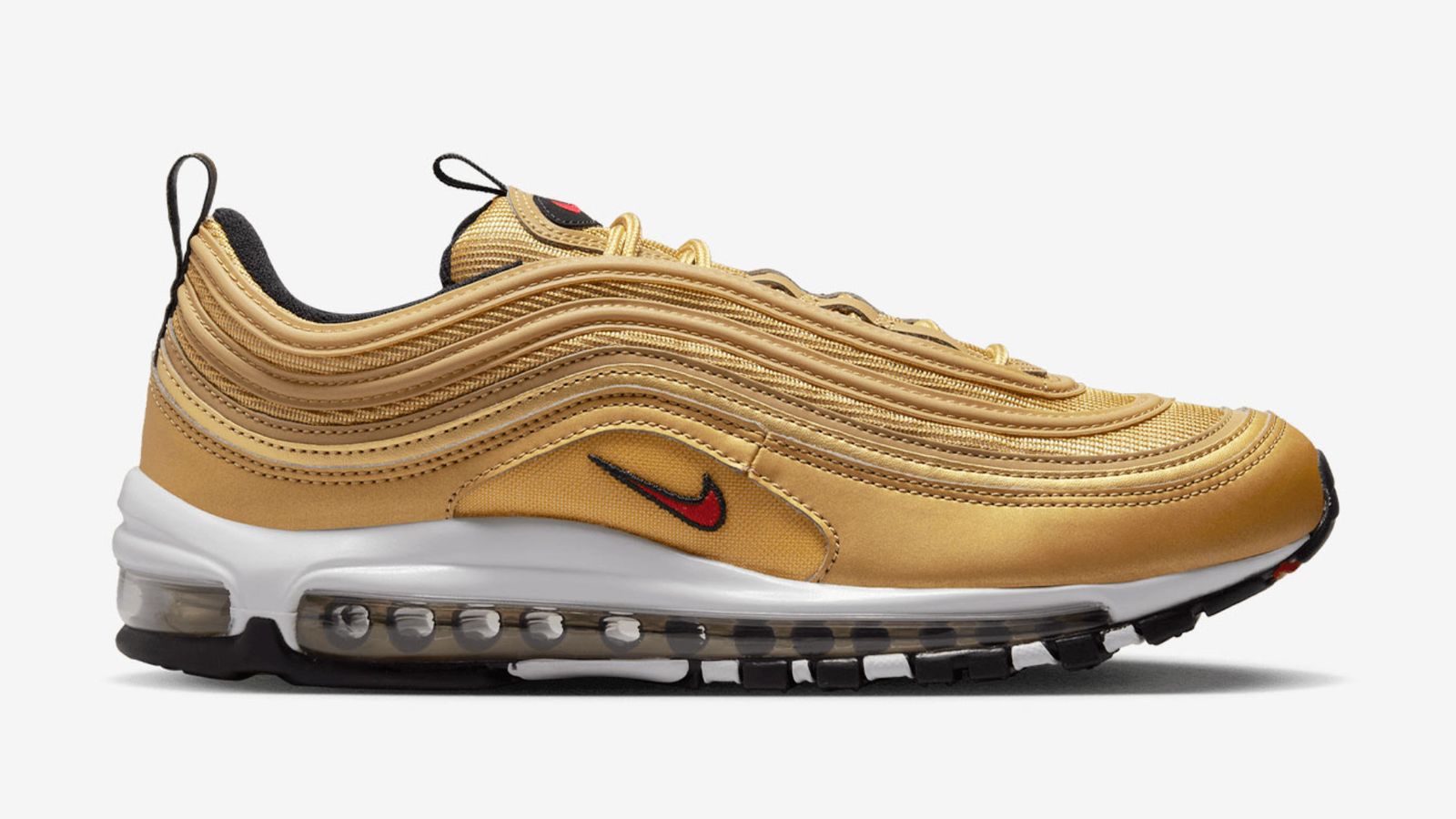 Nike Air Max 97 "Golden Bullet" product image of a gold sneaker with a white midsole, black outsole, and red accents.