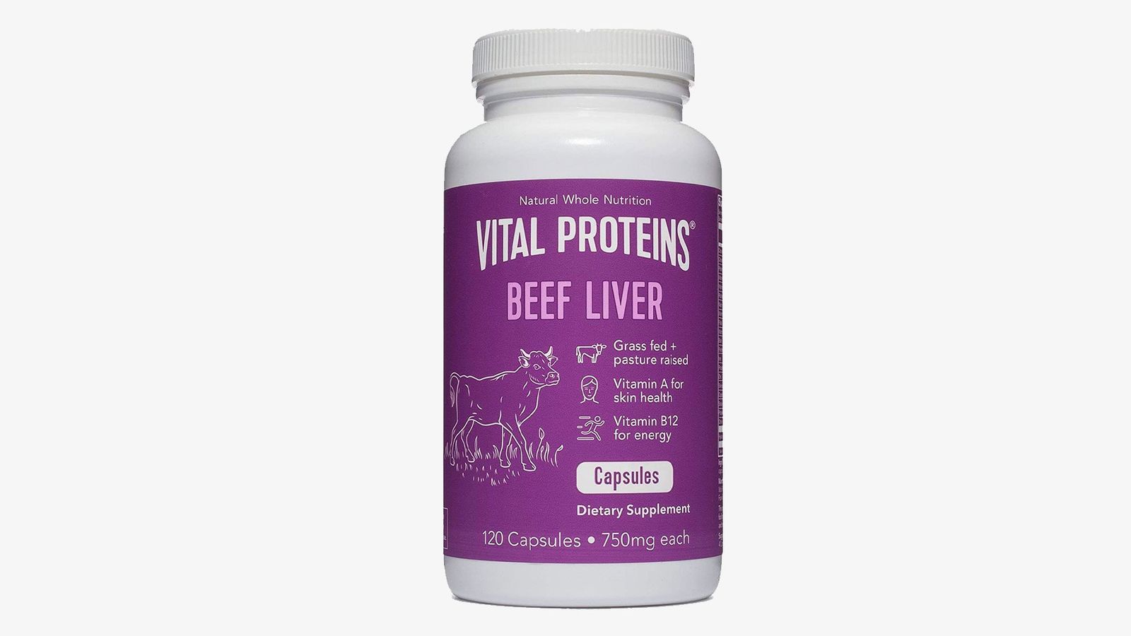 Vital Proteins Grass-Fed Desiccated Beef Liver Capsules product image of a white container with purple branding.