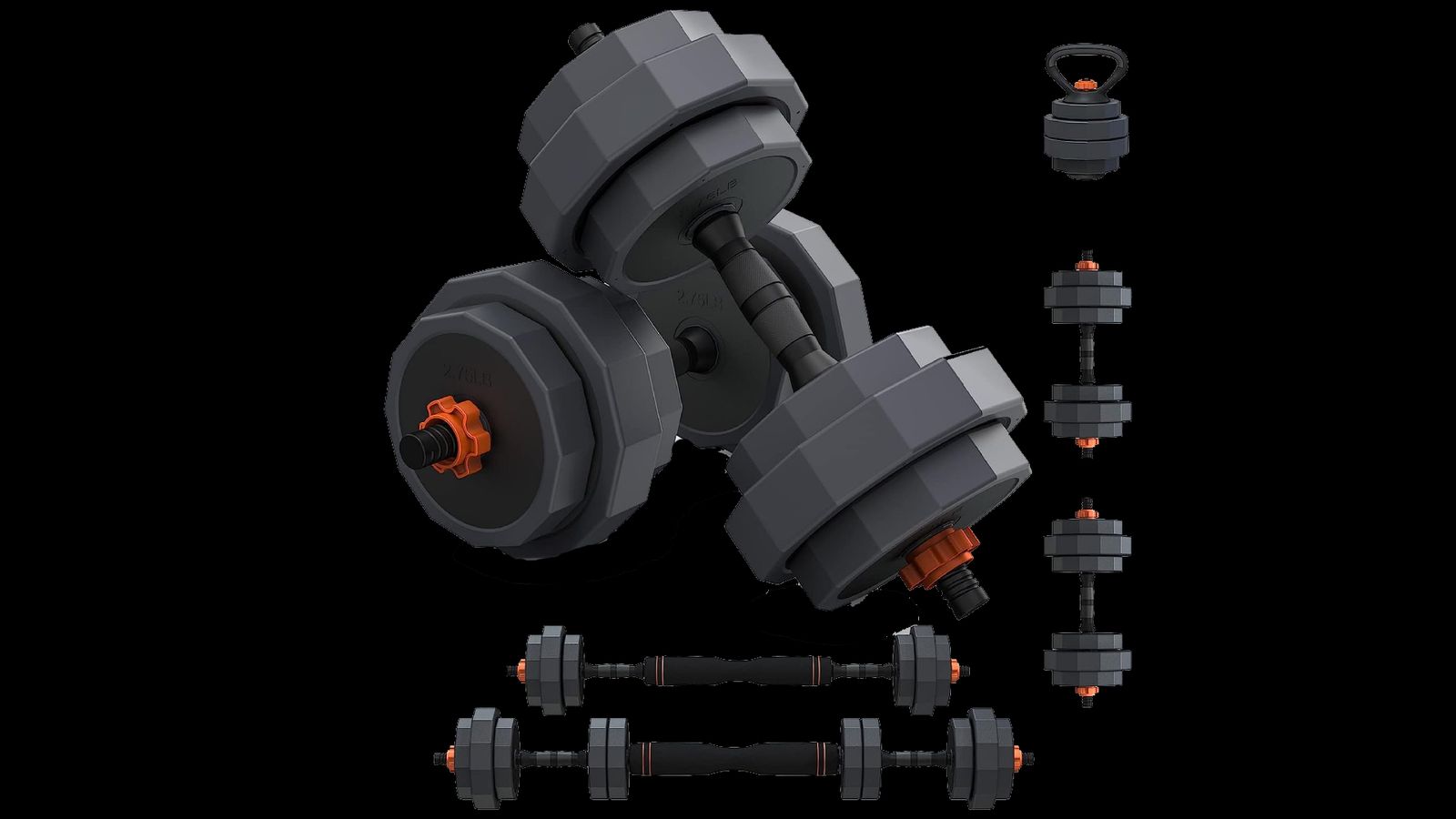 Lusper Adjustable Weights Set product image of a grey and orange dumbbell set.