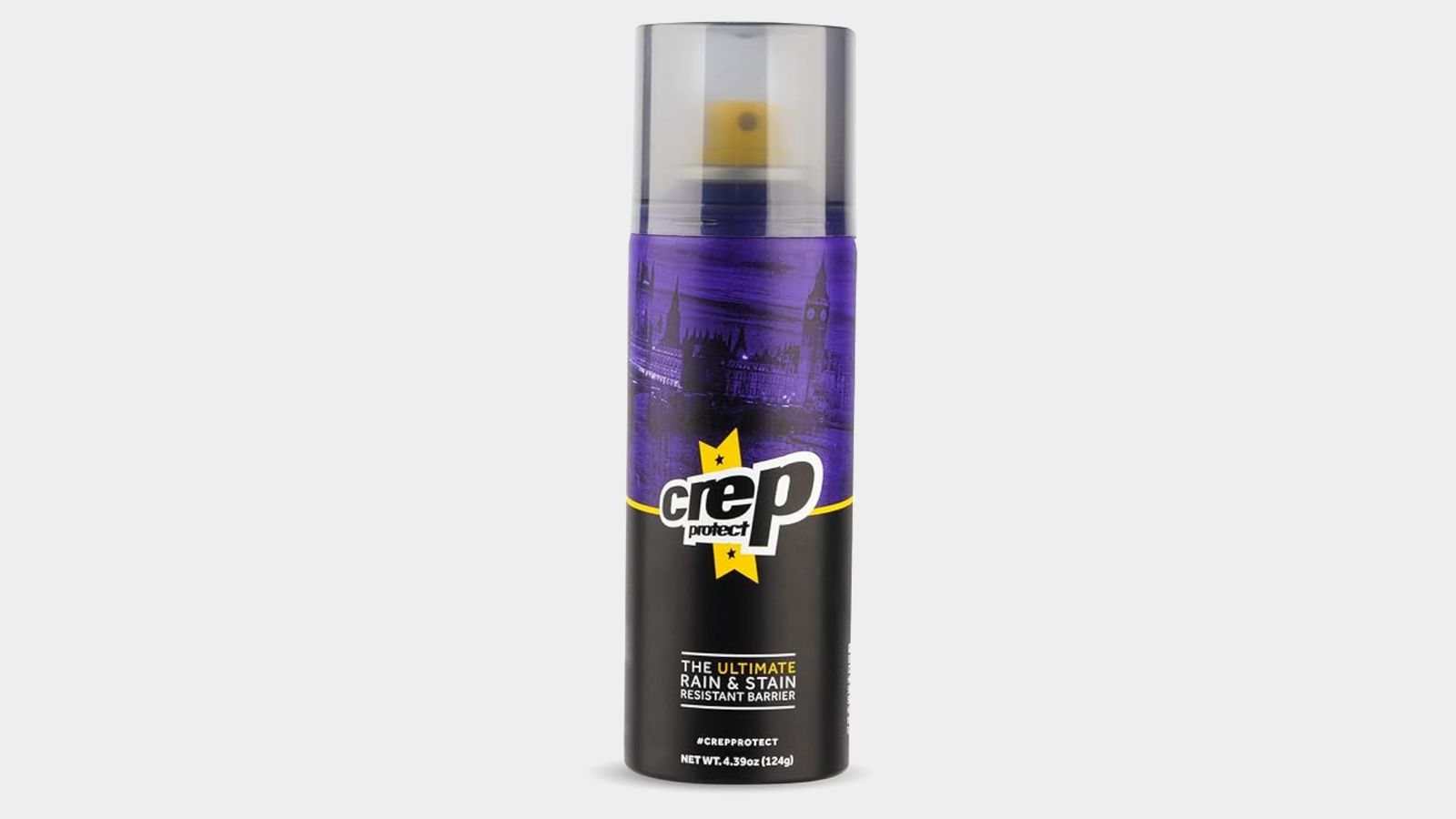 Crep Protect product image or a purple and black spray can with yellow trim.