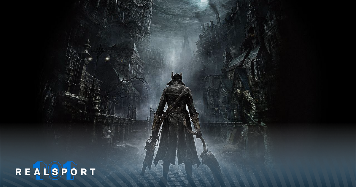 bloodborne key artwork featuring the main protagonist with two weapons