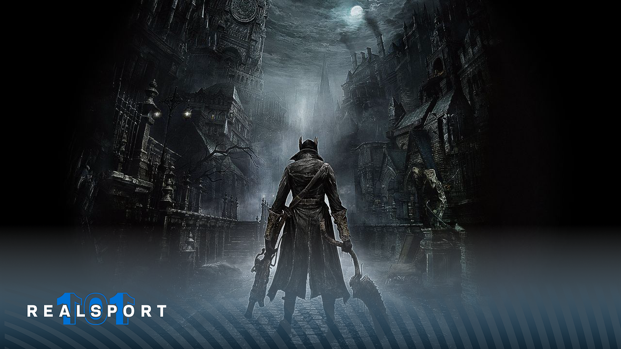 bloodborne key artwork featuring the main protagonist with two weapons