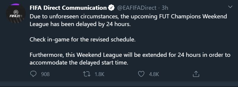 fifa 21 weekend league delayed