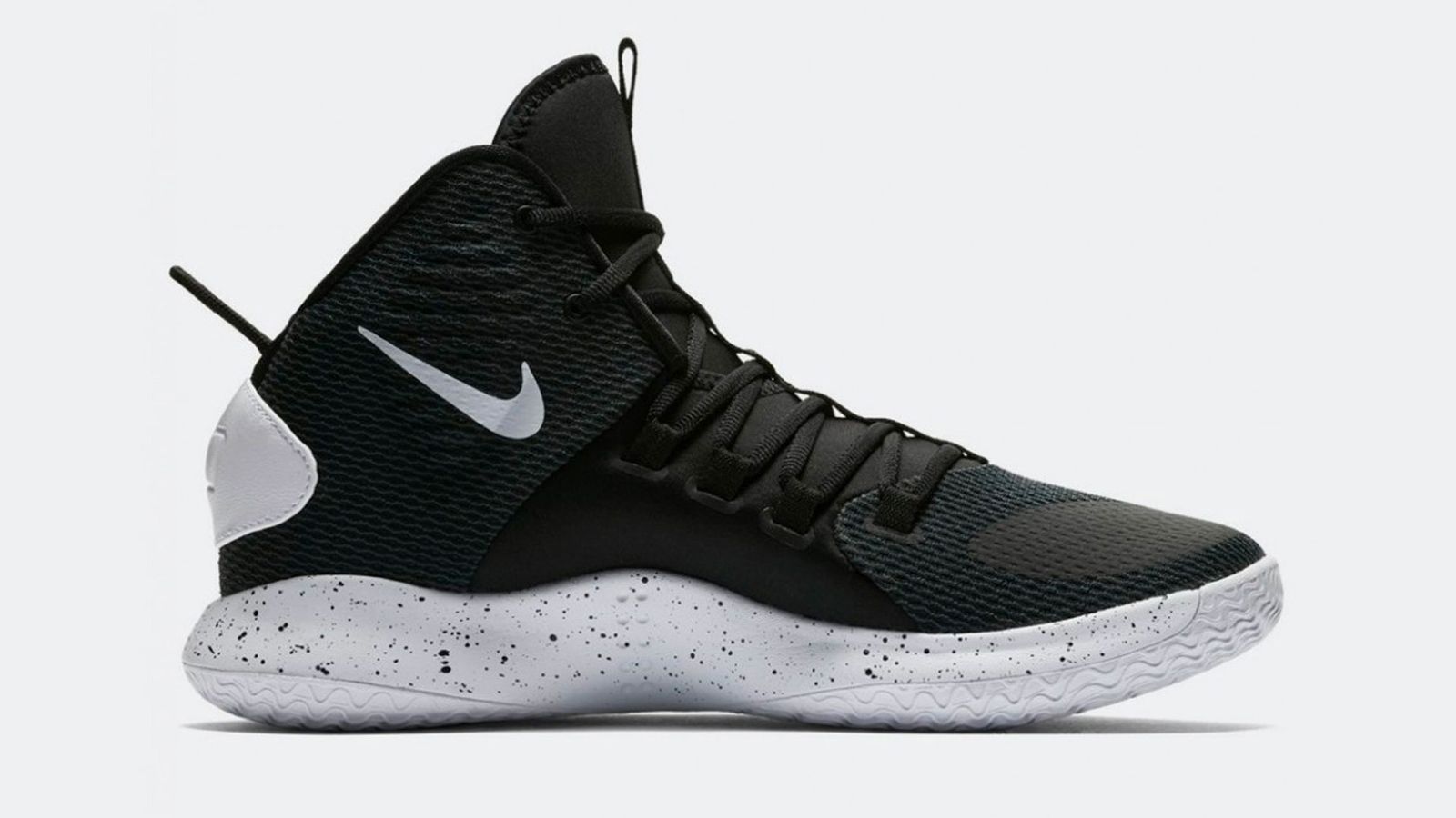 Nike Hyperdunk X product image of a black mesh sneaker with a white midsole.