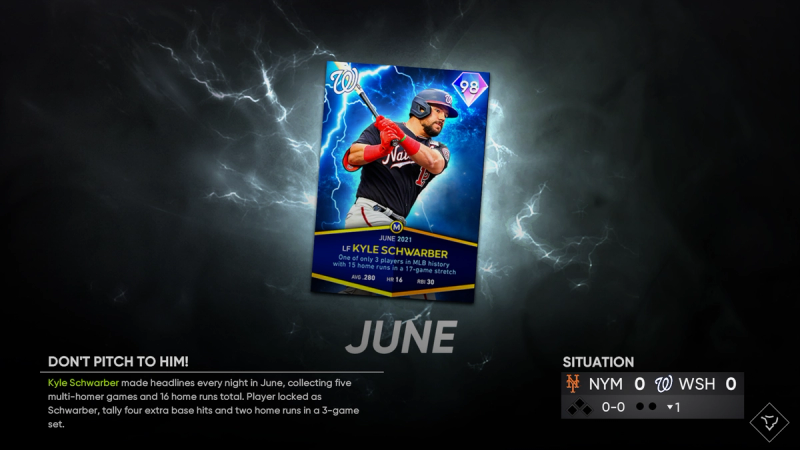 MLB The Show on X: ⚡LIGHTNING⚡ has struck the @Nationals! Your top June  Monthly Awards winner is 💎Kyle Schwarber! Earn him in the June Monthly  Awards Program, LIVE NOW! #MLBTheShow #NATITUDE  /
