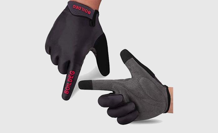 Best cycling gloves BOILDEG product image of a pair of black gloves with red BOILDEG branding.