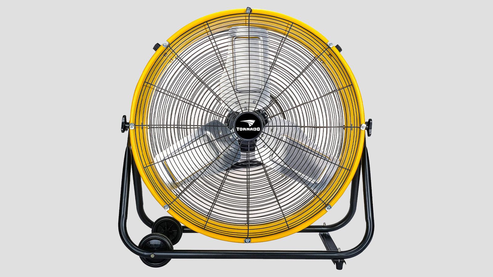 Tornado 8540 CFM product image of a yellow and silver floor fan with a black stand.