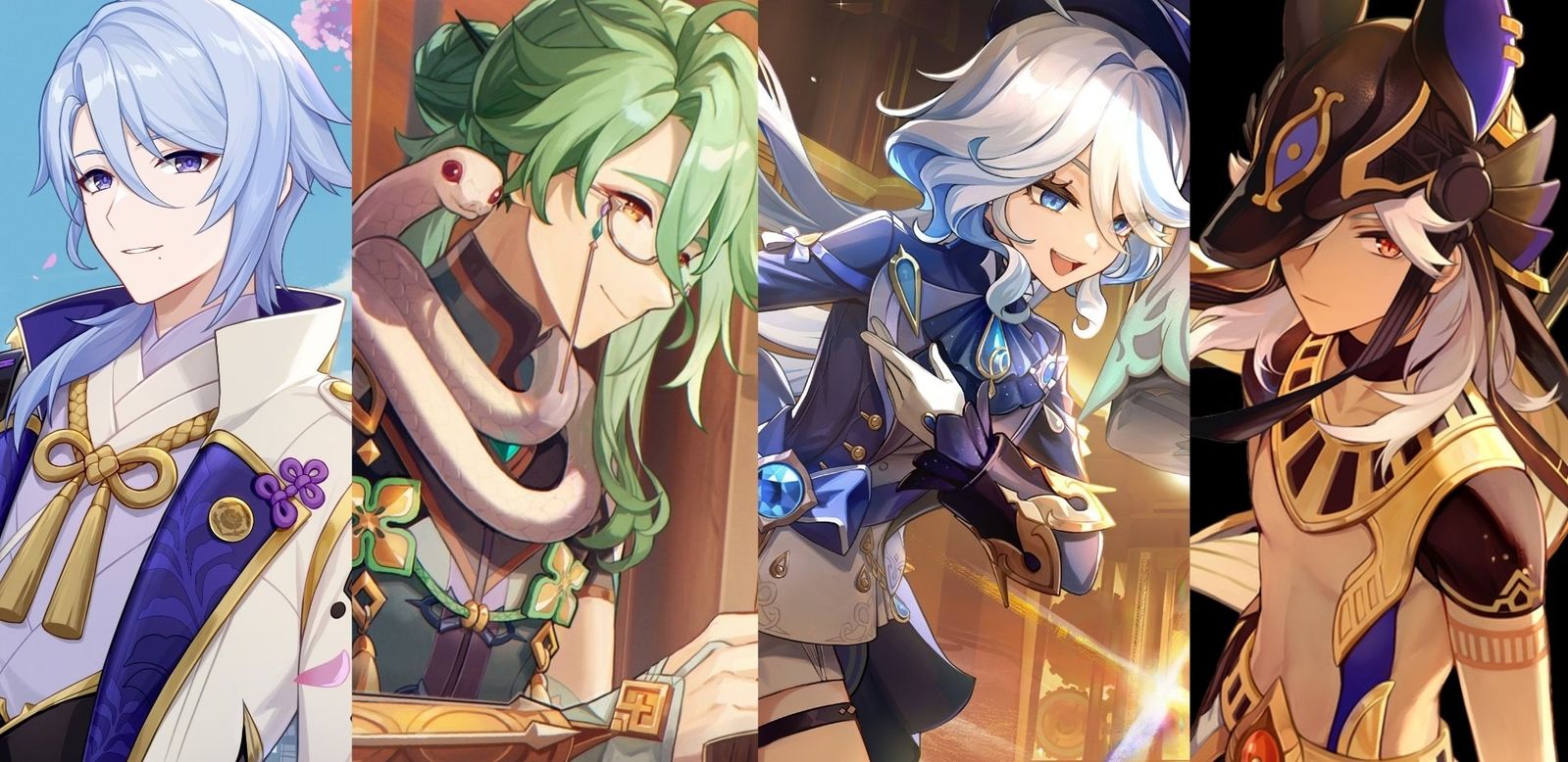 An image collage of the leaked Genshin Impact Version 4.2 character banners: Ayato, Baizhu, Furina, and Cyno.