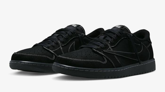 Best Jordan collabs - Travis Scott x Air Jordan 1 Low product image of a black suede sneaker with exposed white stitching.