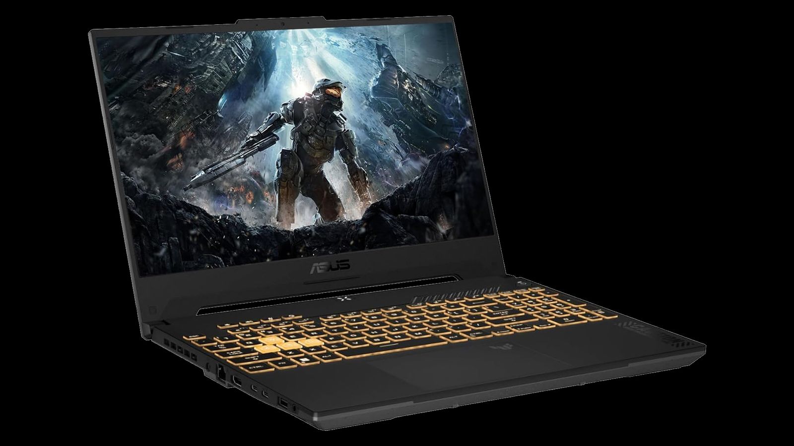 ASUS TUF Gaming F15 product image of a black laptop with yellow backlit keys and footage from Halo on the display.
