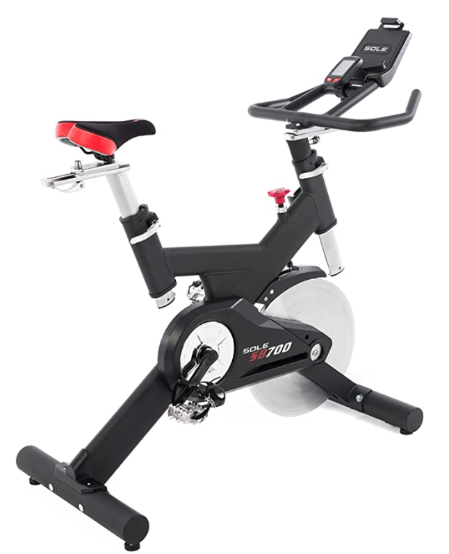 Best spin bike Sole product image of a black bike with a red and black saddle.