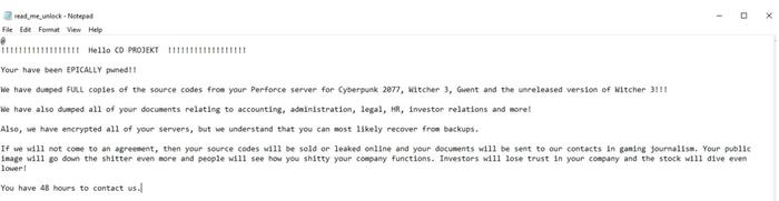 CDPR Hacked Ransom Note