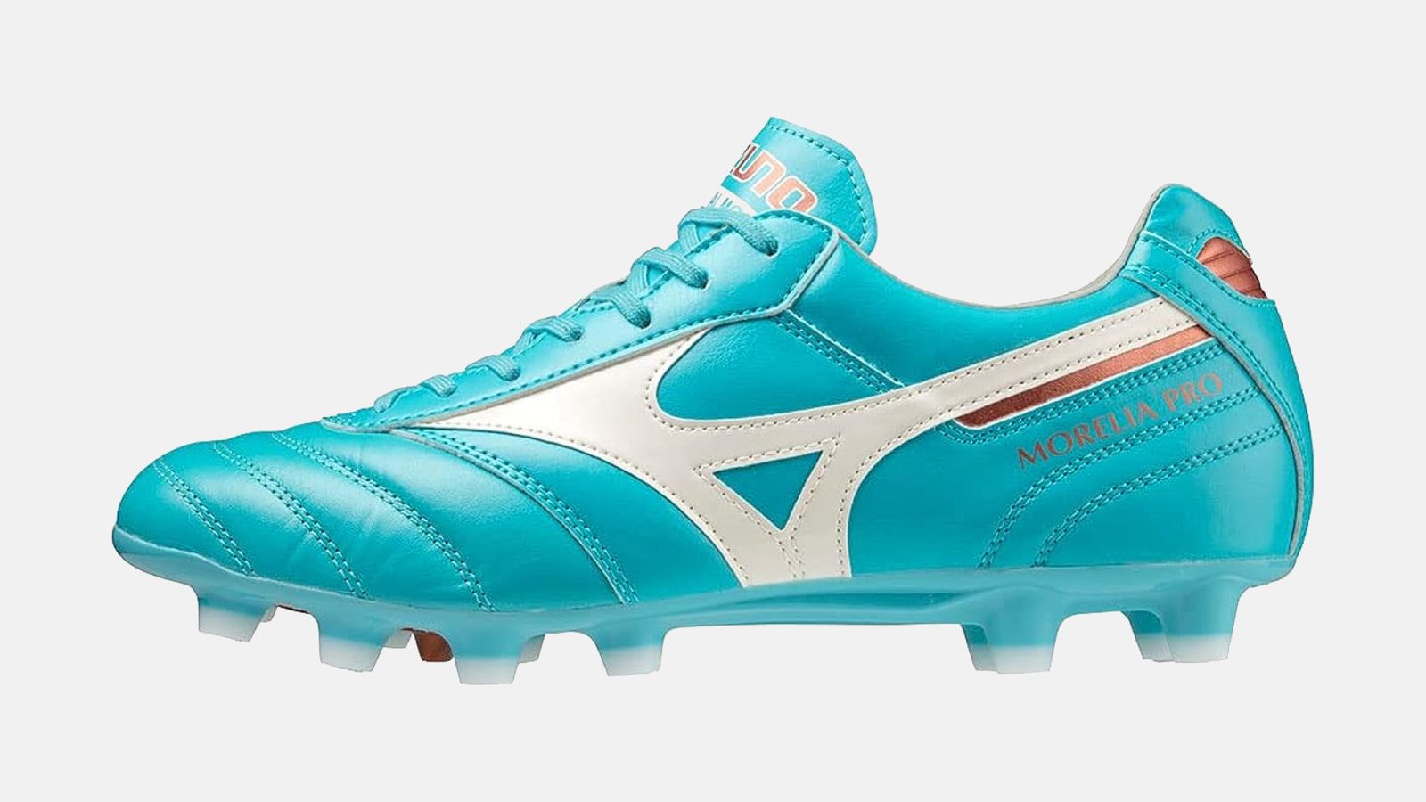 Mizuno Morelia II Pro product image of a bright blue football boot featuring orange and white details.