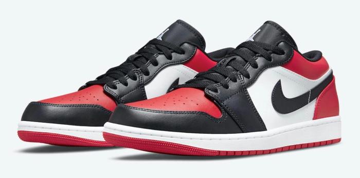 Best Air Jordan 1 Low "Bred Toe" product image of a pair of red, white, and black sneakers.