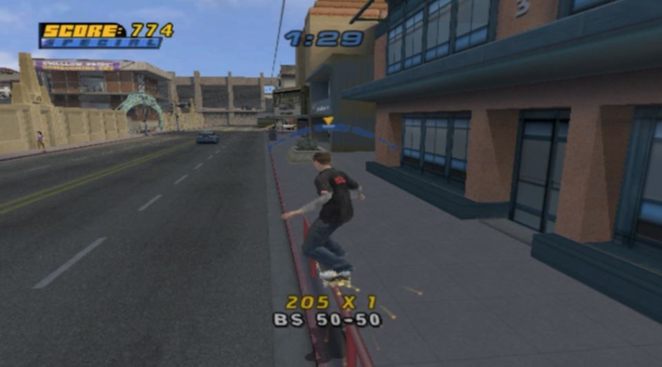 A skater grinding the curb in Tony Hawk's Pro Skater.
