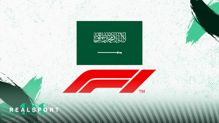 Formula 1 logo and Saudi Arabia flag with white and green background