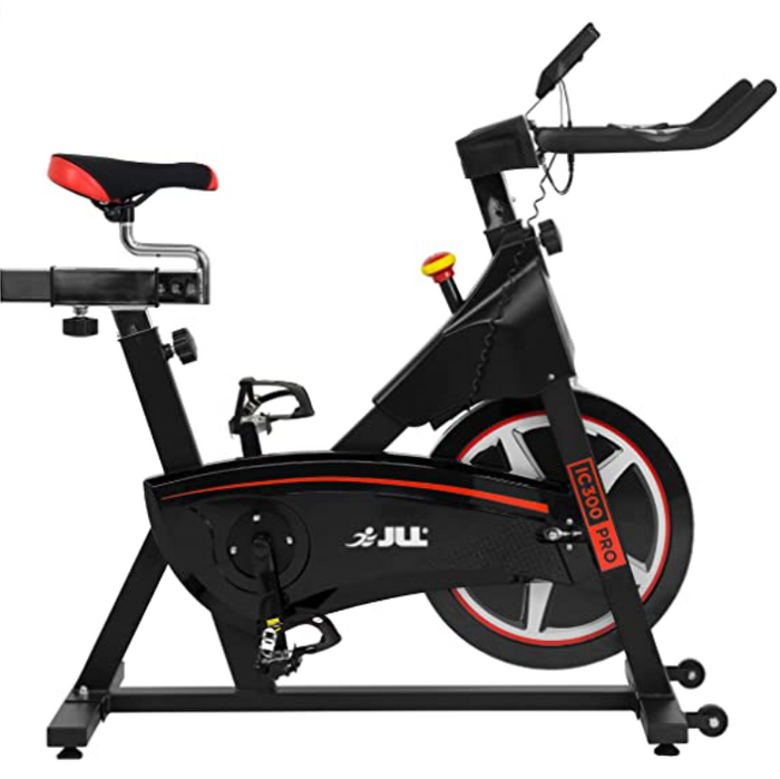 Best spin bike JLL product image of a black bike with red details.
