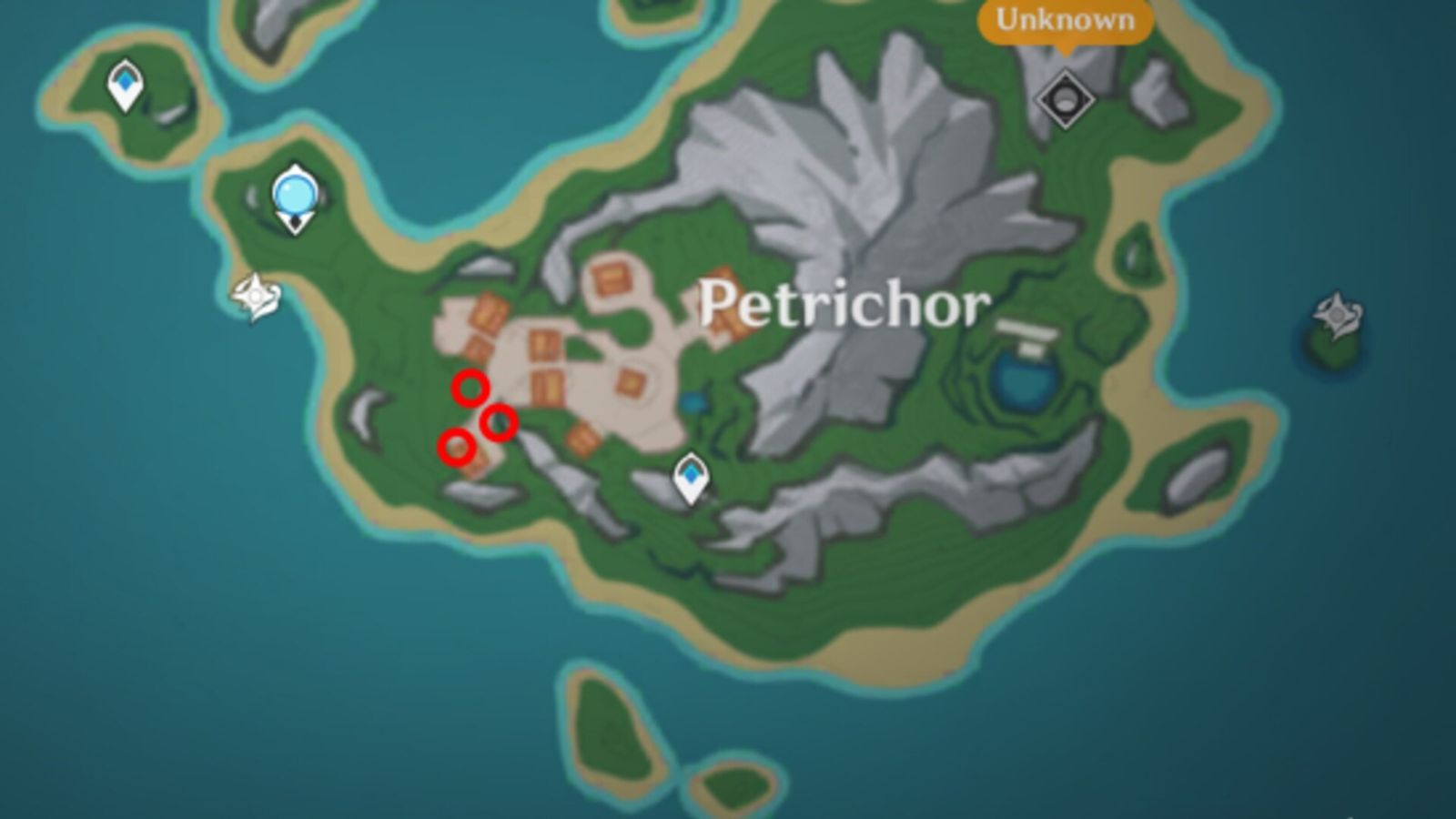 A screenshot of the Petrichor map with the three Ridiculously Common Branch locations marked by red circles.