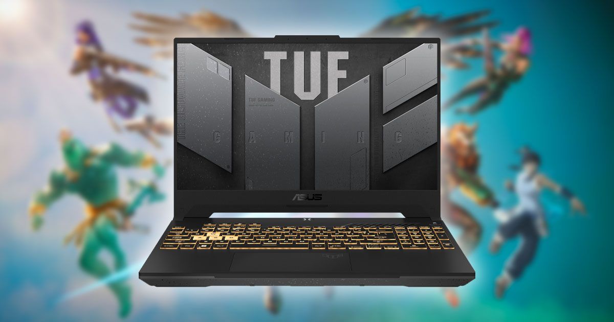 A black laptop with yellow lighting behind the keys in front of a blurry cover image featuring Fortnite characters.