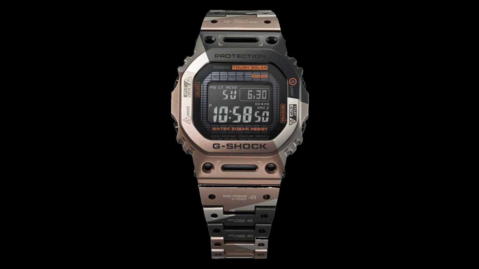 G-SHOCK Titanium Virtual Armour GMW-B5000TVB-1ER product image of a titanium silver, black, and copper-coloured watch.