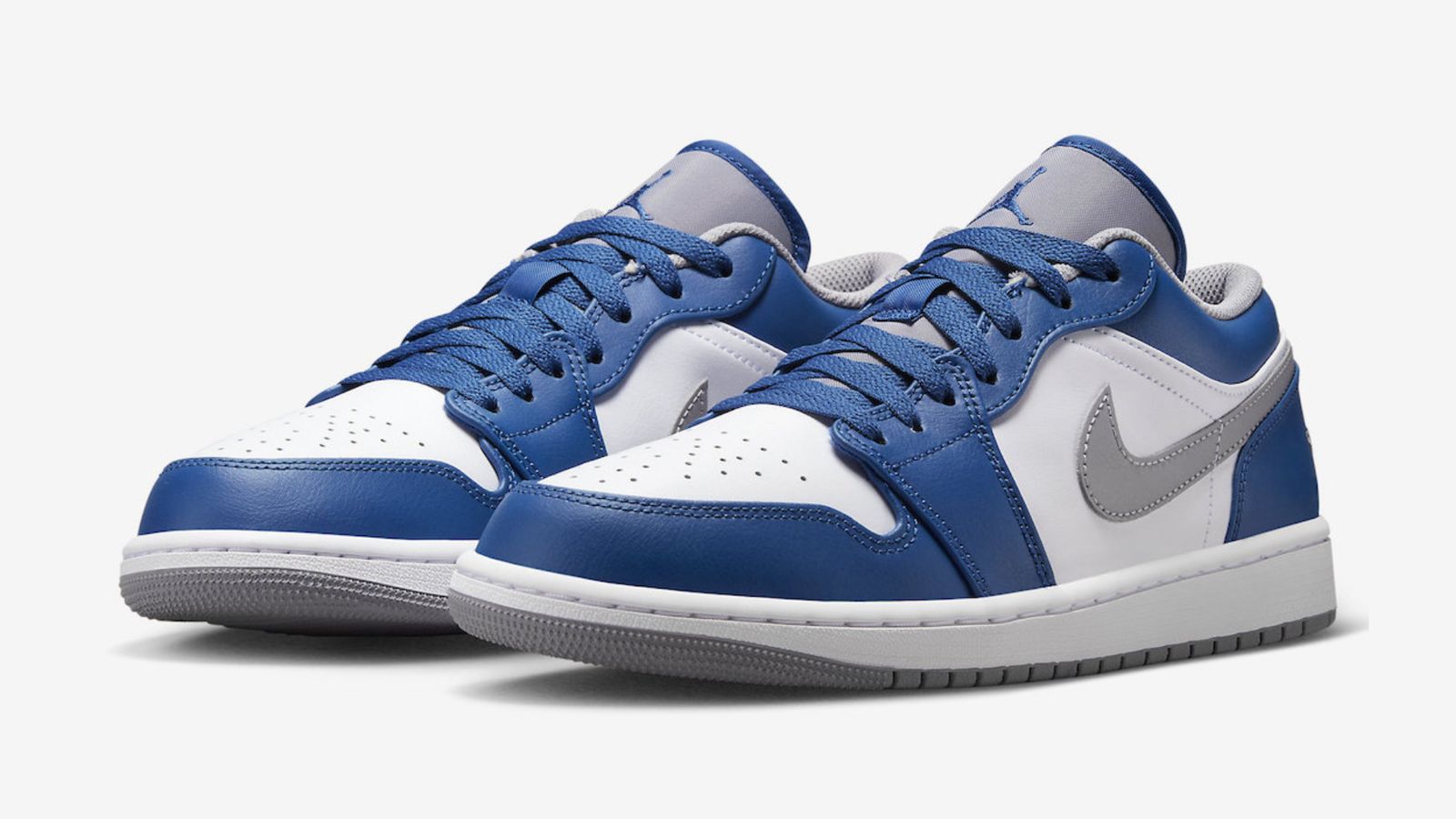 Air Jordan 1 Low "True Blue" product image of a blue and white low-top featuring gray details.
