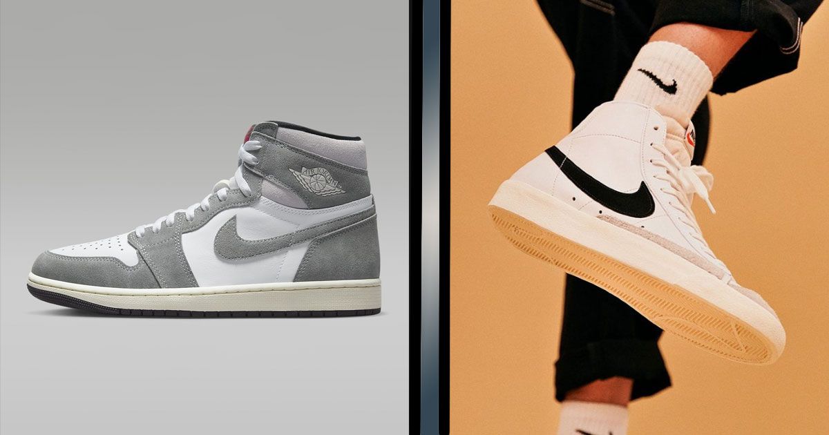 A washed grey and white Jordan 1 High on the left. On the right, someone in white Nike socks wearing a pair of Blazer Mids featuring black Swooshes on the sides.