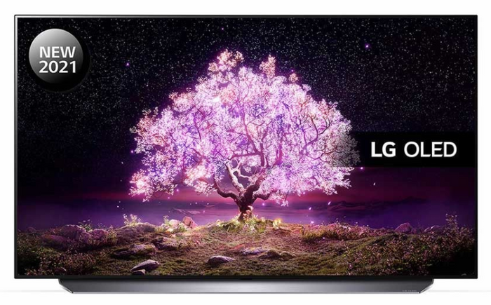 Everything you need for NBA 2K22 LG product image of a TV with a pink lit up tree on its display.