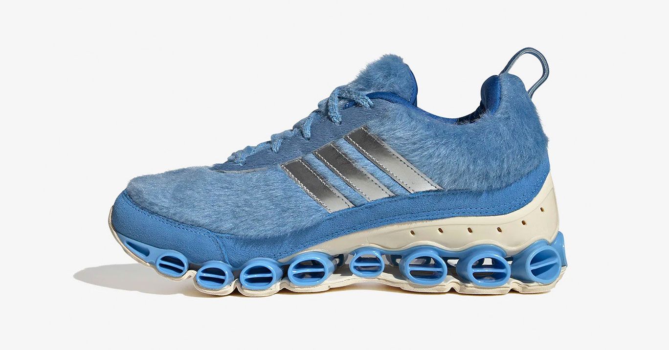 Kerwin Frost x adidas Microbounce T1 product image of a pair of light blue, faux fur sneakers.