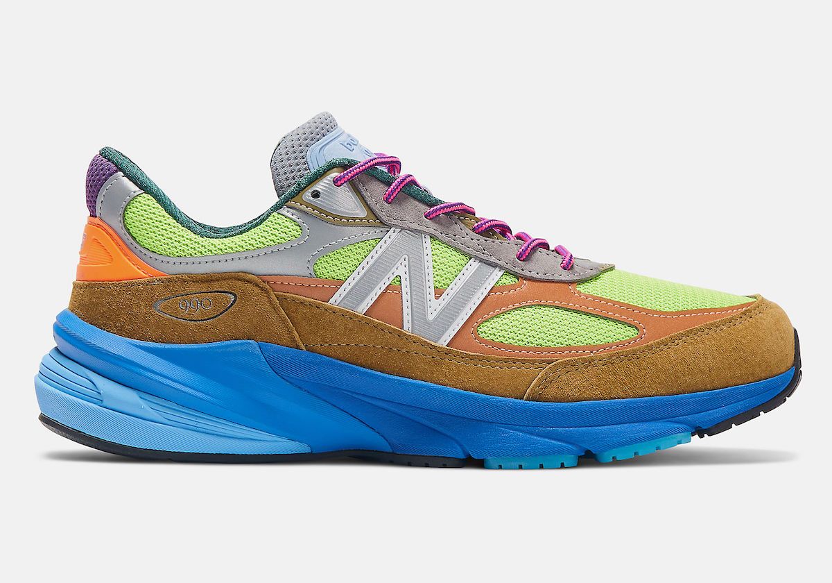 Action Bronson x New Balance 990v6 "Baklava" shoes with brown mudguards atop a blue two-tone midsole and Black rubber outsole