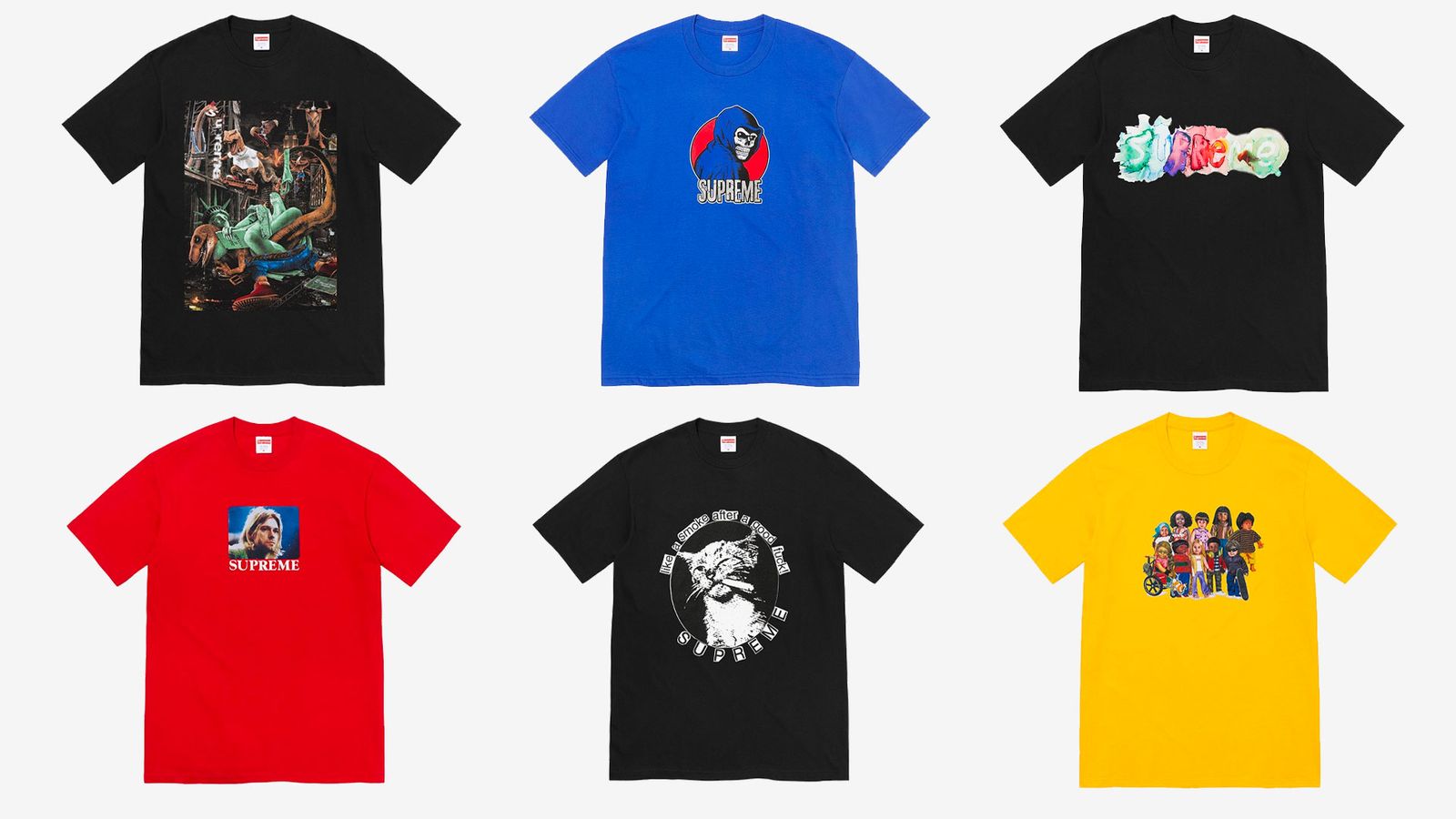 Supreme Spring/Summer 2023 collection - A selection of tees in black, blue, red, and yellow.