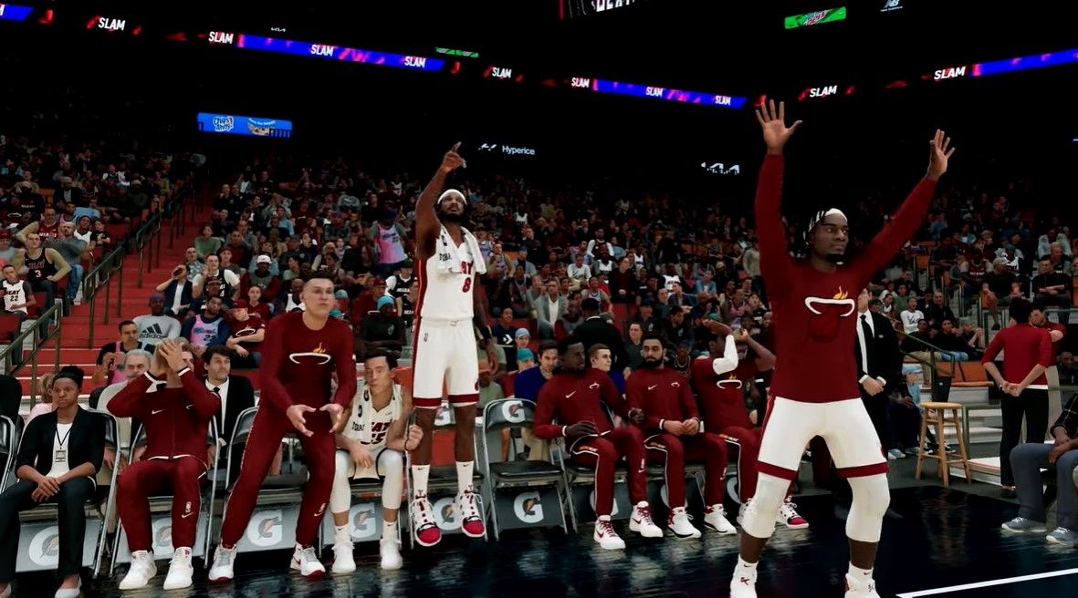 NBA 2K22 gameplay Miami Heat bench celebrates
