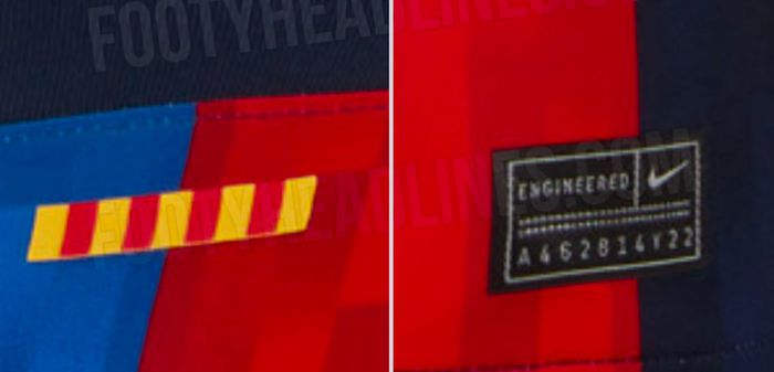 Barcelona home kit 2022/23 product image of a dark blue shirt with red and lighter blue stripes.