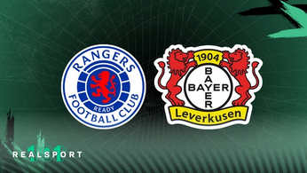 Rangers and Bayer Leverkusen badges with green background
