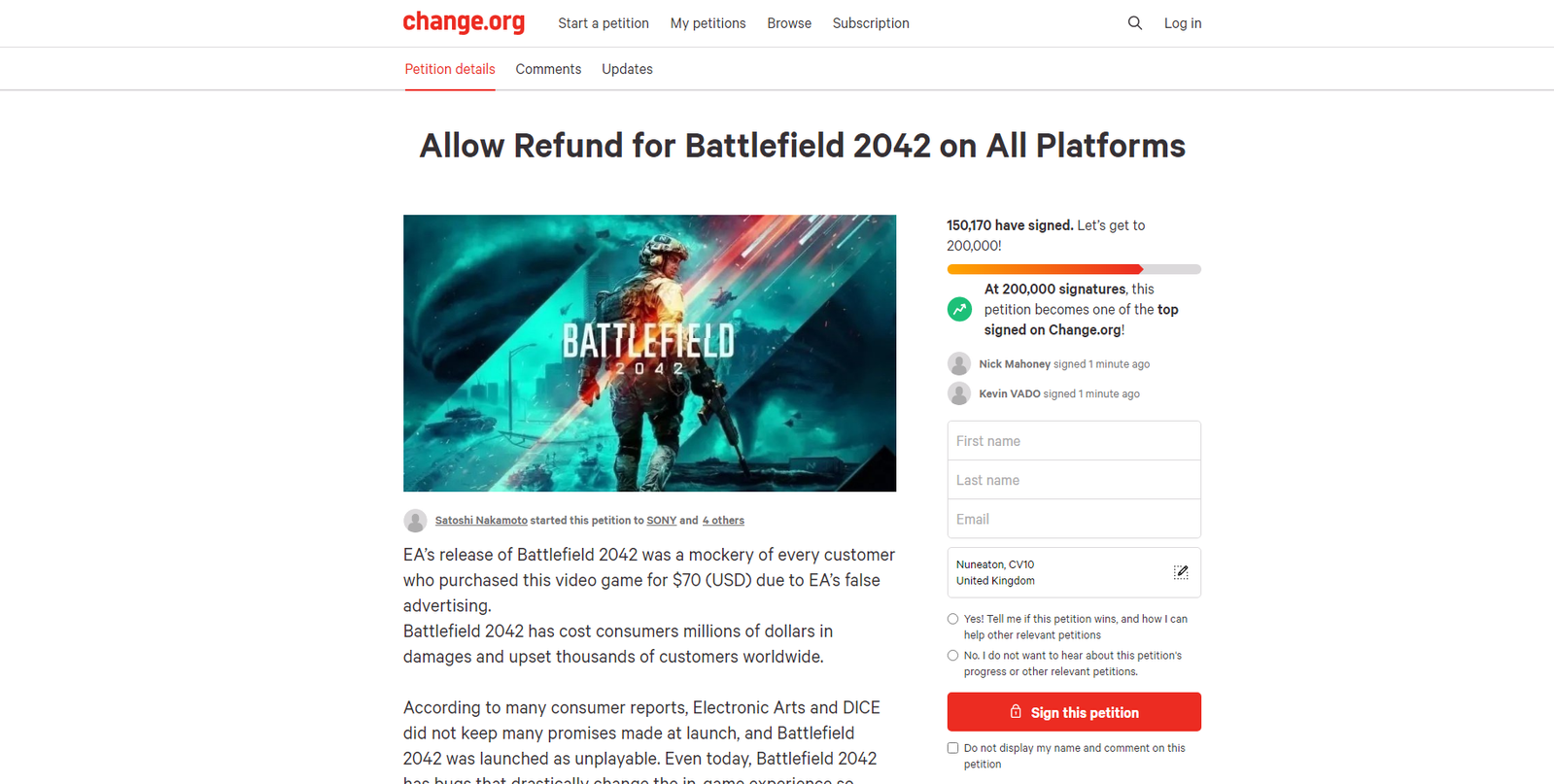 battlefield 2042 change refund petition