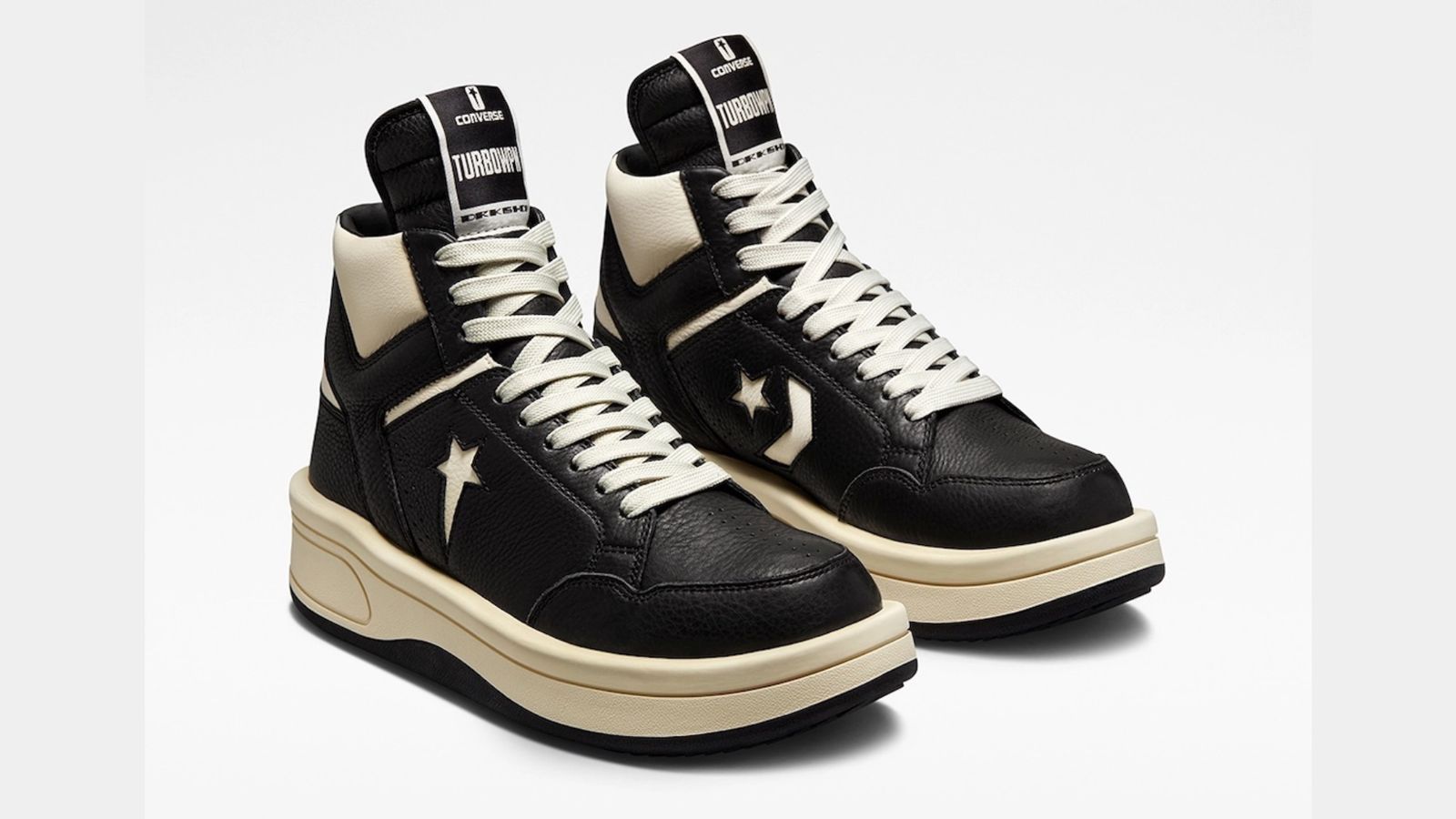 DRKSHDW Rick Owens x Converse TURBOWPN High "Black Cloud Cream" product image of a black and off-white leather pair of sneakers.