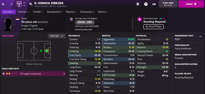 Joshua Zirkzee Player Profile Football Manager 2022