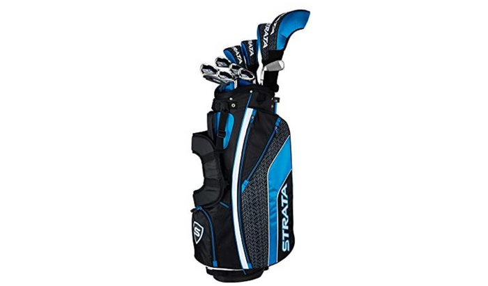 Best golf clubs Callaway product image of a complete set of clubs in a black, white, and blue golf bag.
