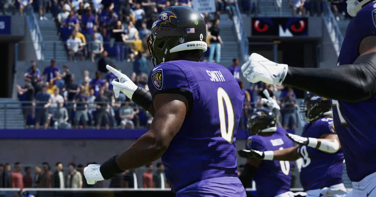 An NFL player in Madden 24 in a purple jersey with white gloves and a black helmet.