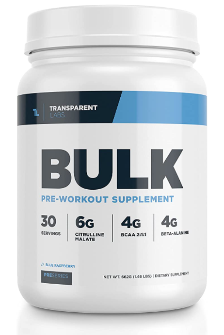 Best pre-workout Transparent Labs product image of a white container with dark and light blue labeling