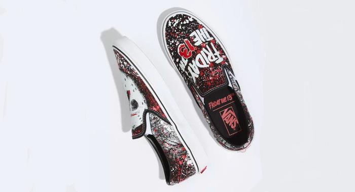 Friday The 13th x Vans Classic Slip-On product image of red and white splattered sneakers with Friday The 13th logo printed.