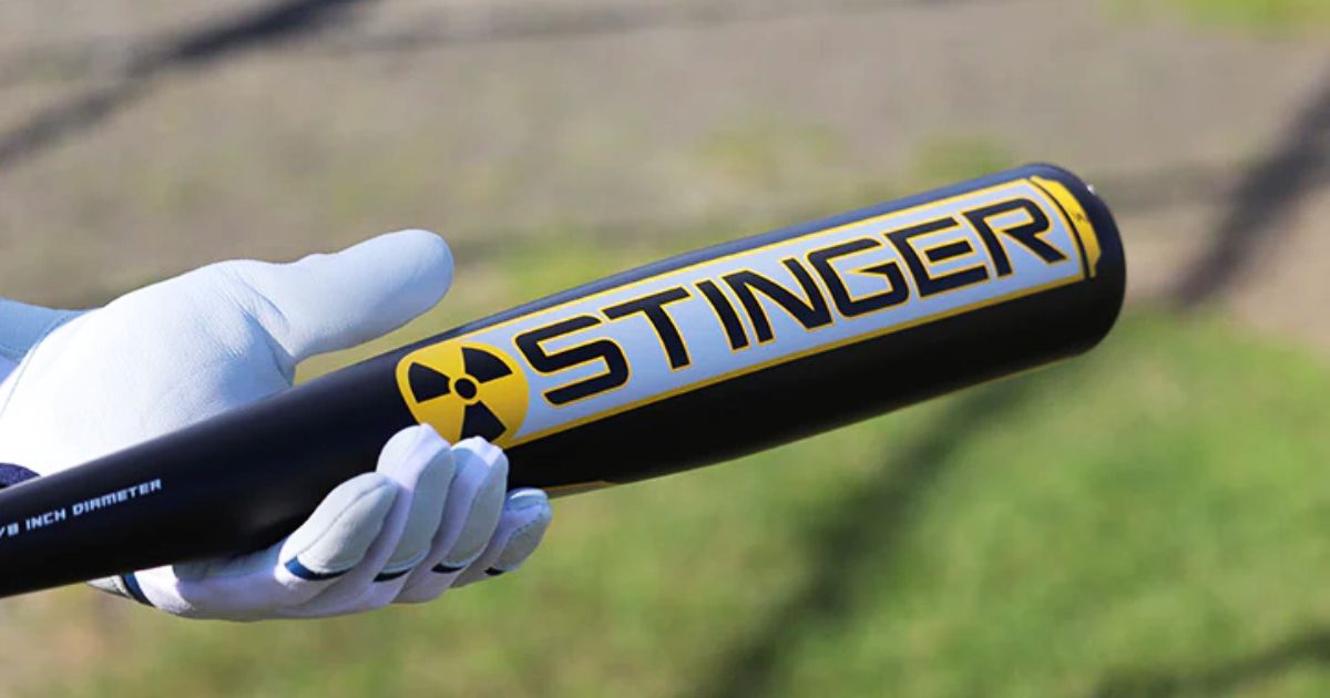 Image of a black baseball bat featuring yellow and grey Stinger branding.