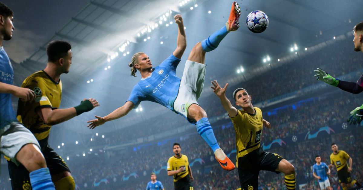 Haaland in EA FC wearing the light blue Man City shirt and white shorts shooting in the air against Borussia Dortmund.