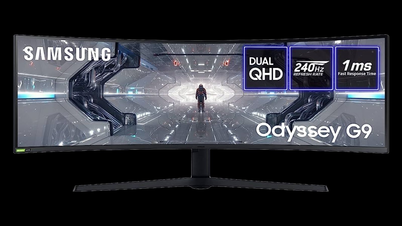 Samsung Odyssey G9 product image of an ultra-wide, black-framed, curved Samsung monitor.