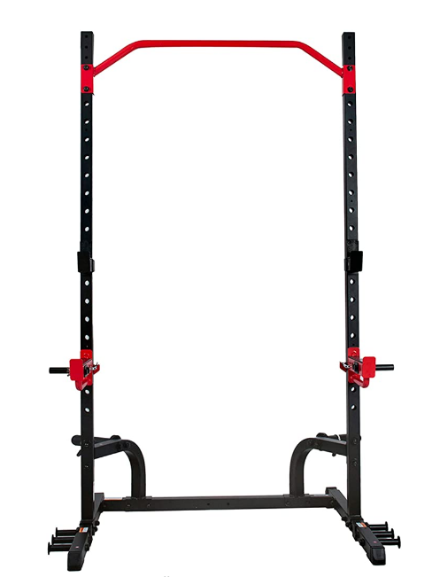 Best squat rack Sunny Health & Fitness product image of black half cage with red accents