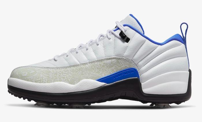Best Jordan golf shoes Air Jordan 12 product image of a white leather sneaker with blue accents and lasered mudguards.