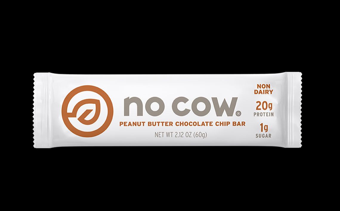 No Cow Protein Bars product image of a white packaged peanut butter chocolate chip protein bar.