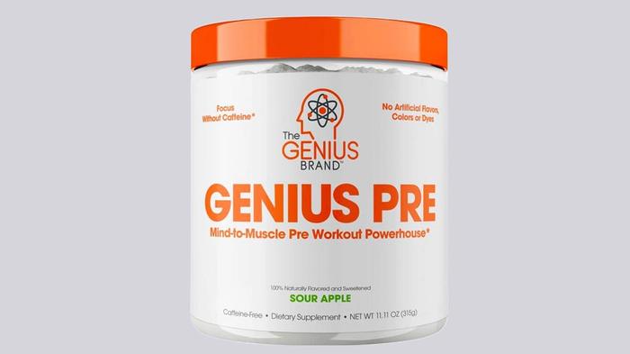 Best pre-workout The Genius Brand product image of a white container with orange accents, lid, and labeling