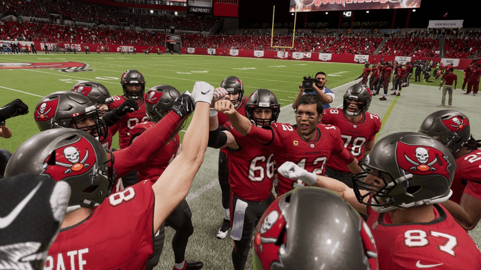 An image from the Buccaneers huddle in Madden 22