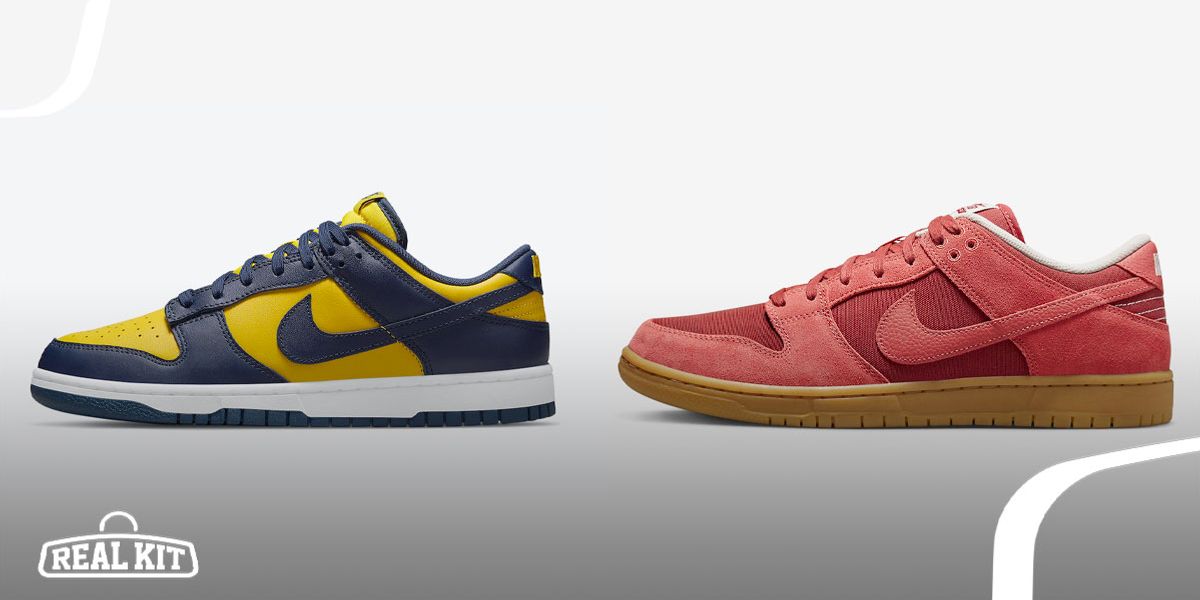 Image of a yellow and navy Nike Dunk low next to a suede red SB Dunk Low featuring a gum sole unit.