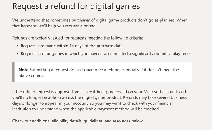 A screenshot of Xbox's refund page.